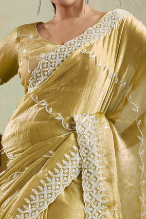 Olive Chiffon Saree with Rich Velvet Accents & Thread Detailing