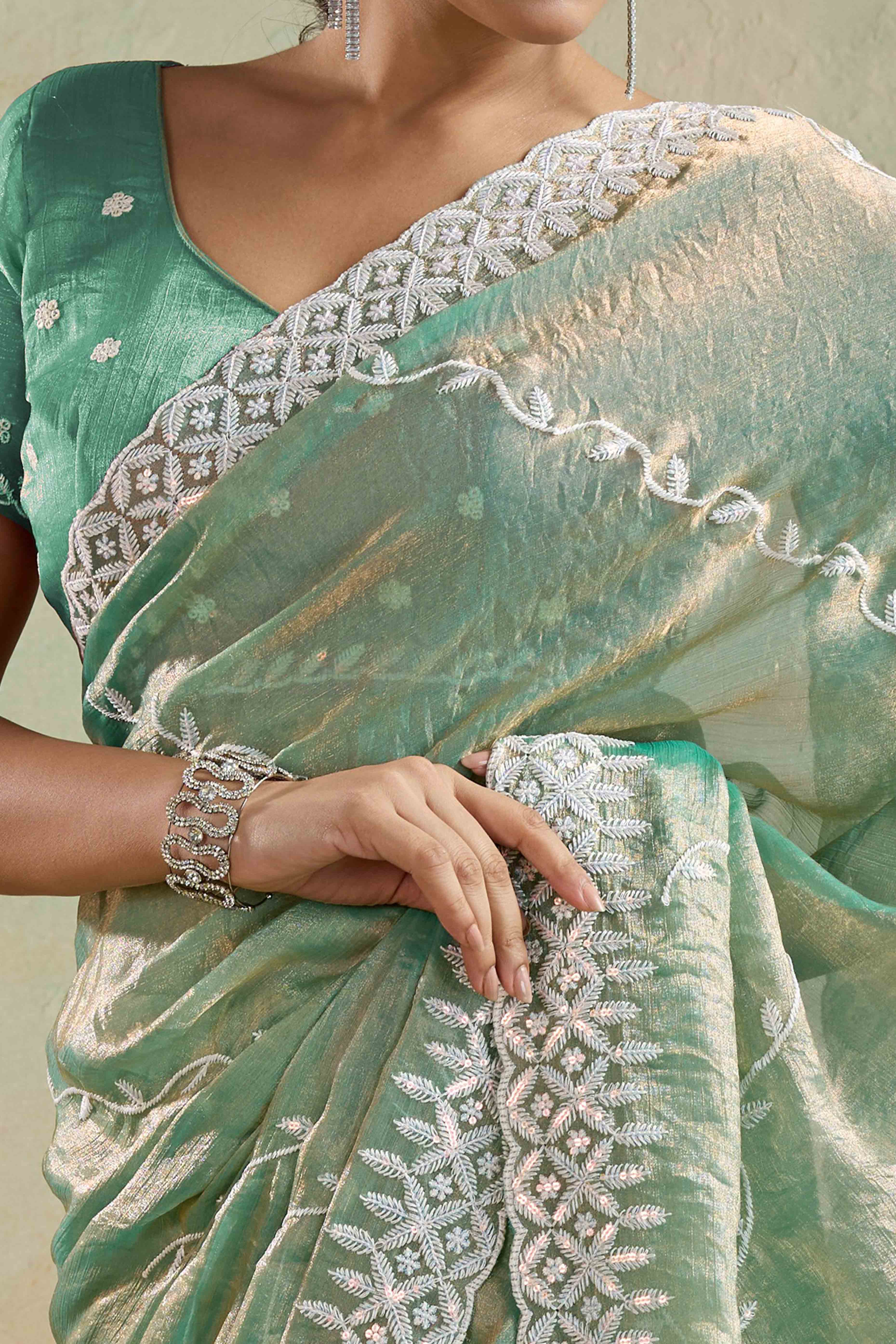 Sea Green Chiffon Saree with Rich Velvet Accents & Thread Detailing