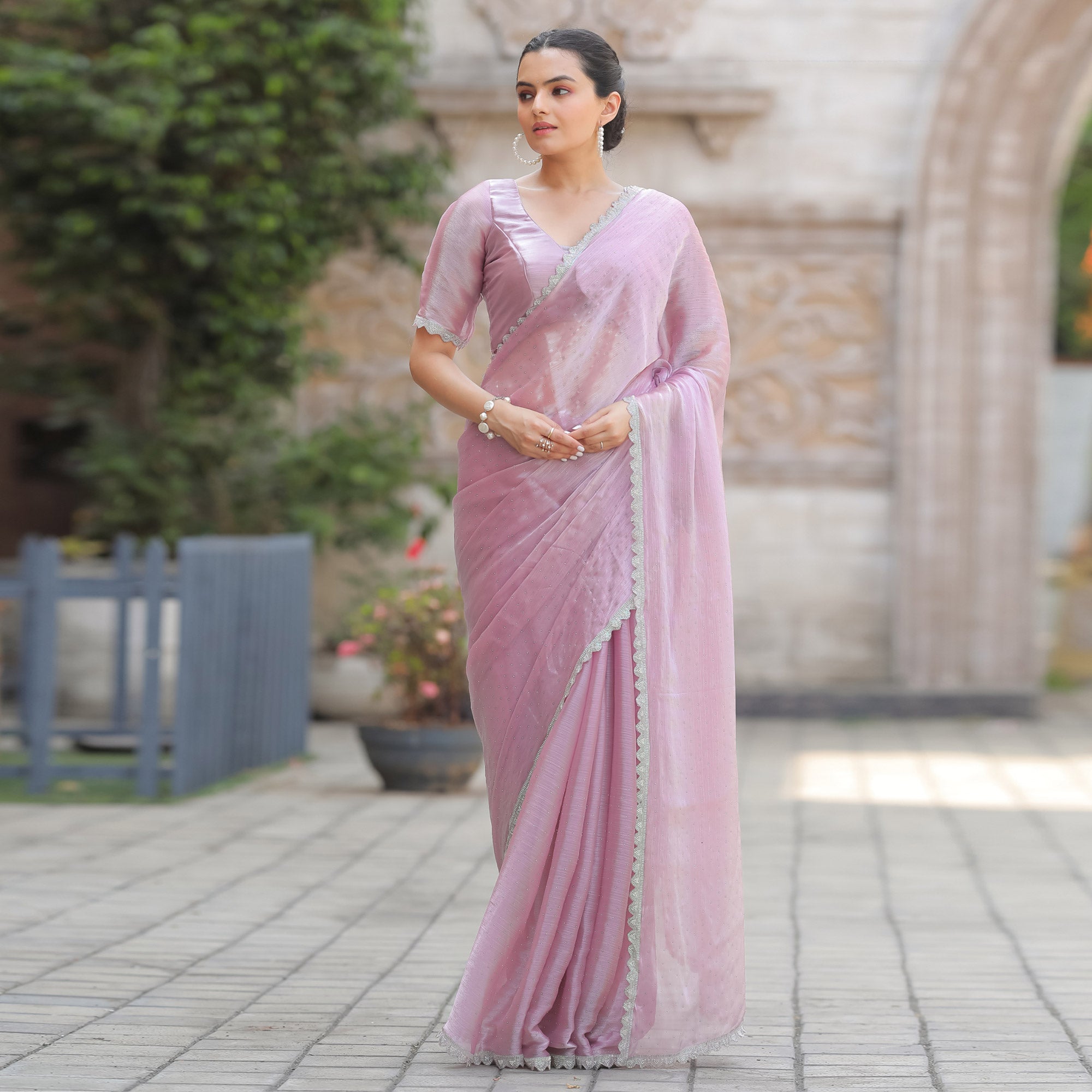 Lavender Stonework Tussar Silk Saree