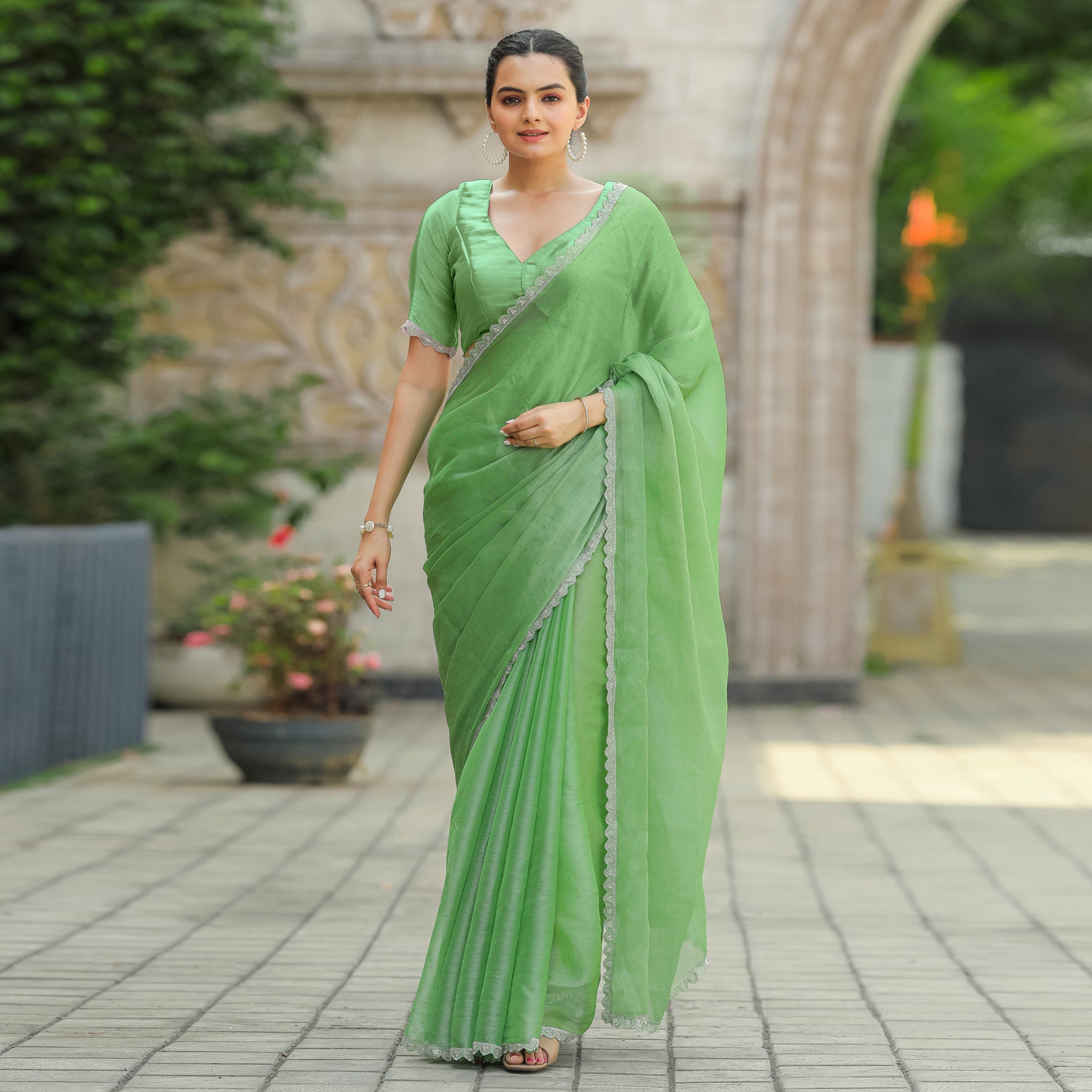 Green Stonework Tussar Silk Saree