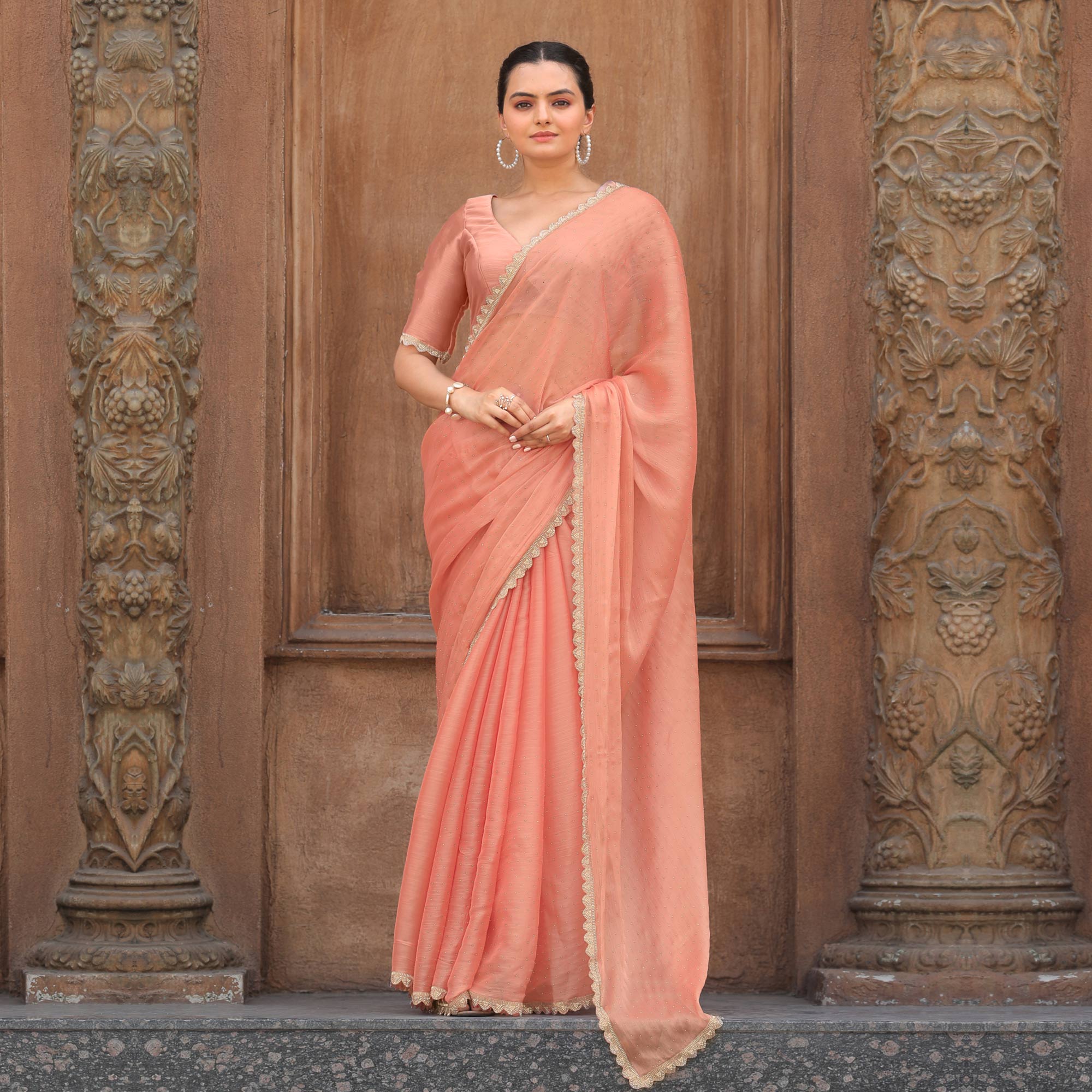 Peach Stonework Tussar Silk Saree