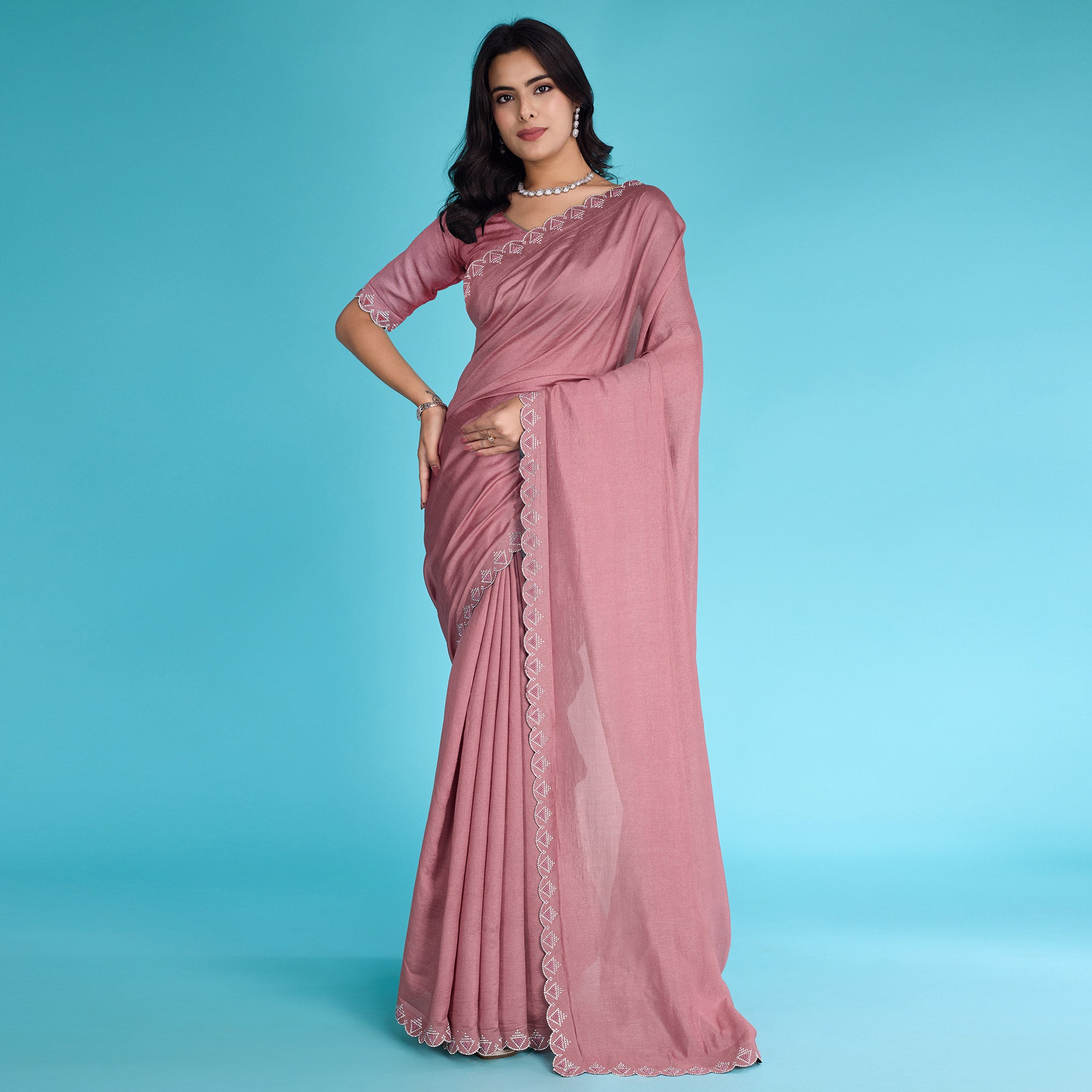 Dusty Rose Pink Solid With Zarkan & Pearl Diamond Lace Khadi Shimmer Saree