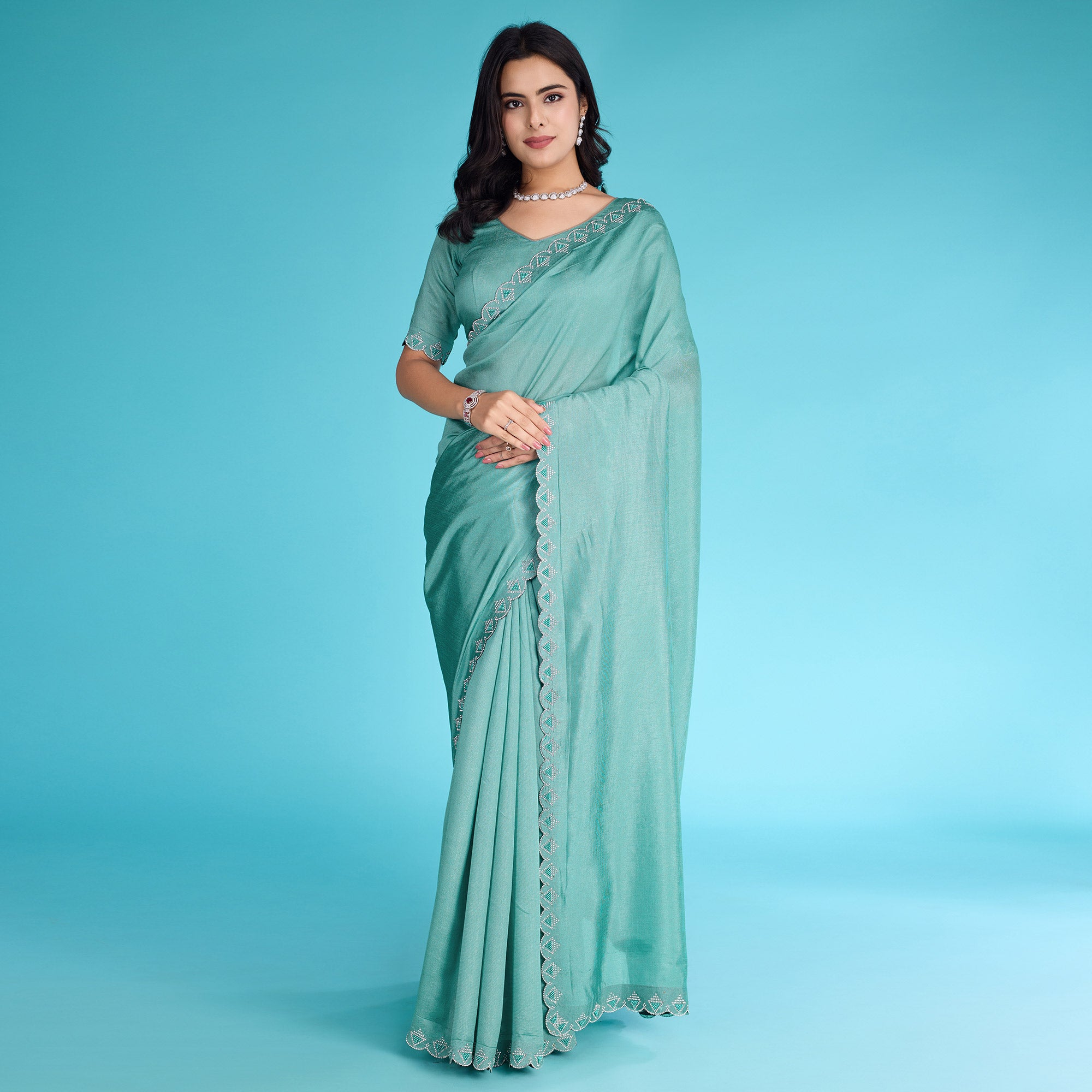 Turquoise Solid With Zarkan & Pearl Diamond Lace Khadi Shimmer Saree