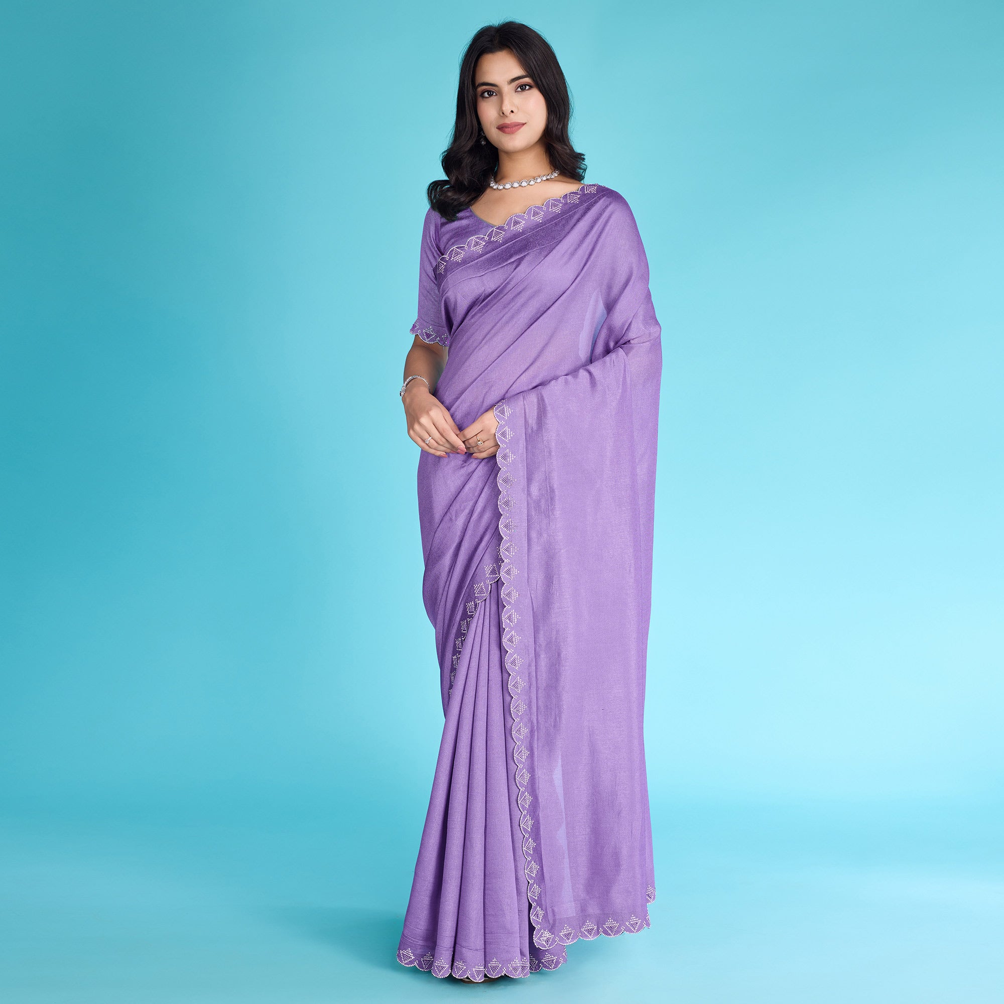 Lavender Solid With Zarkan & Pearl Diamond Lace Khadi Shimmer Saree