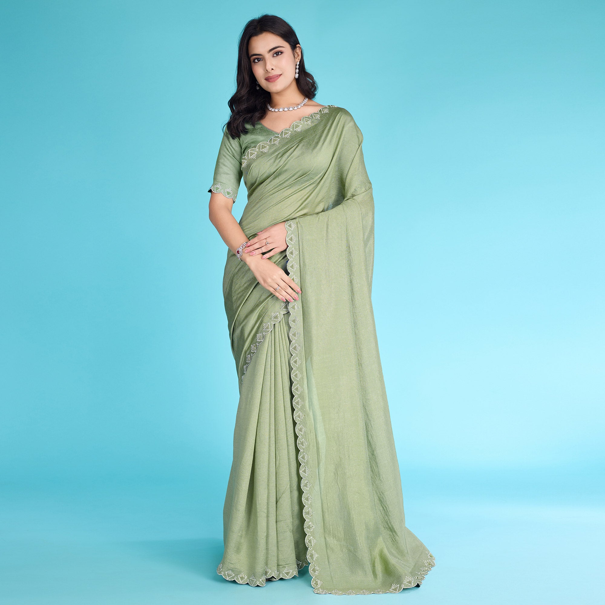 Green Solid With Zarkan & Pearl Diamond Lace Khadi Shimmer Saree