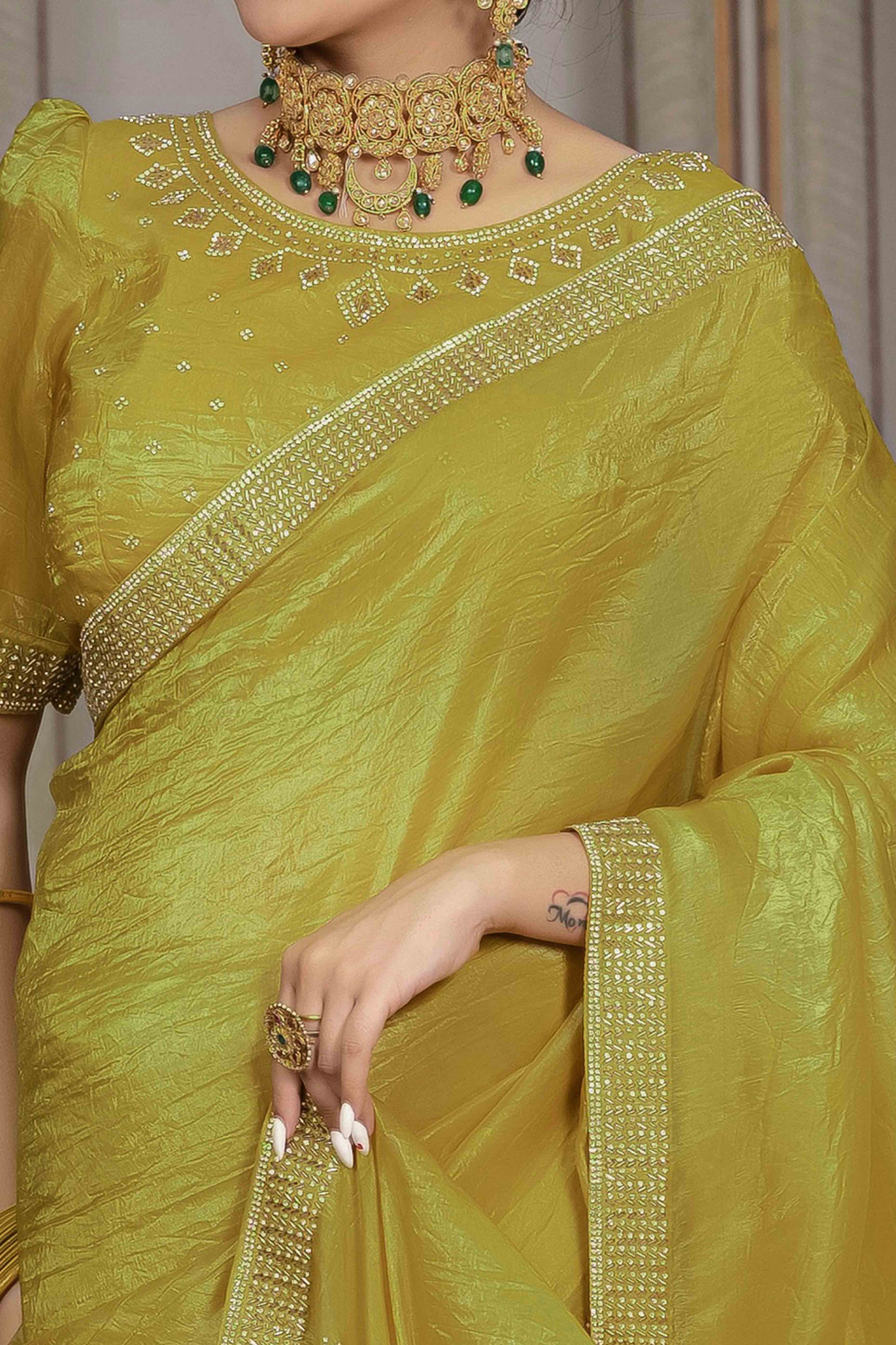 Mustard Tissue Gold Crush Saree With Exquisite Cutdana & Zarkan Hand Embellishment