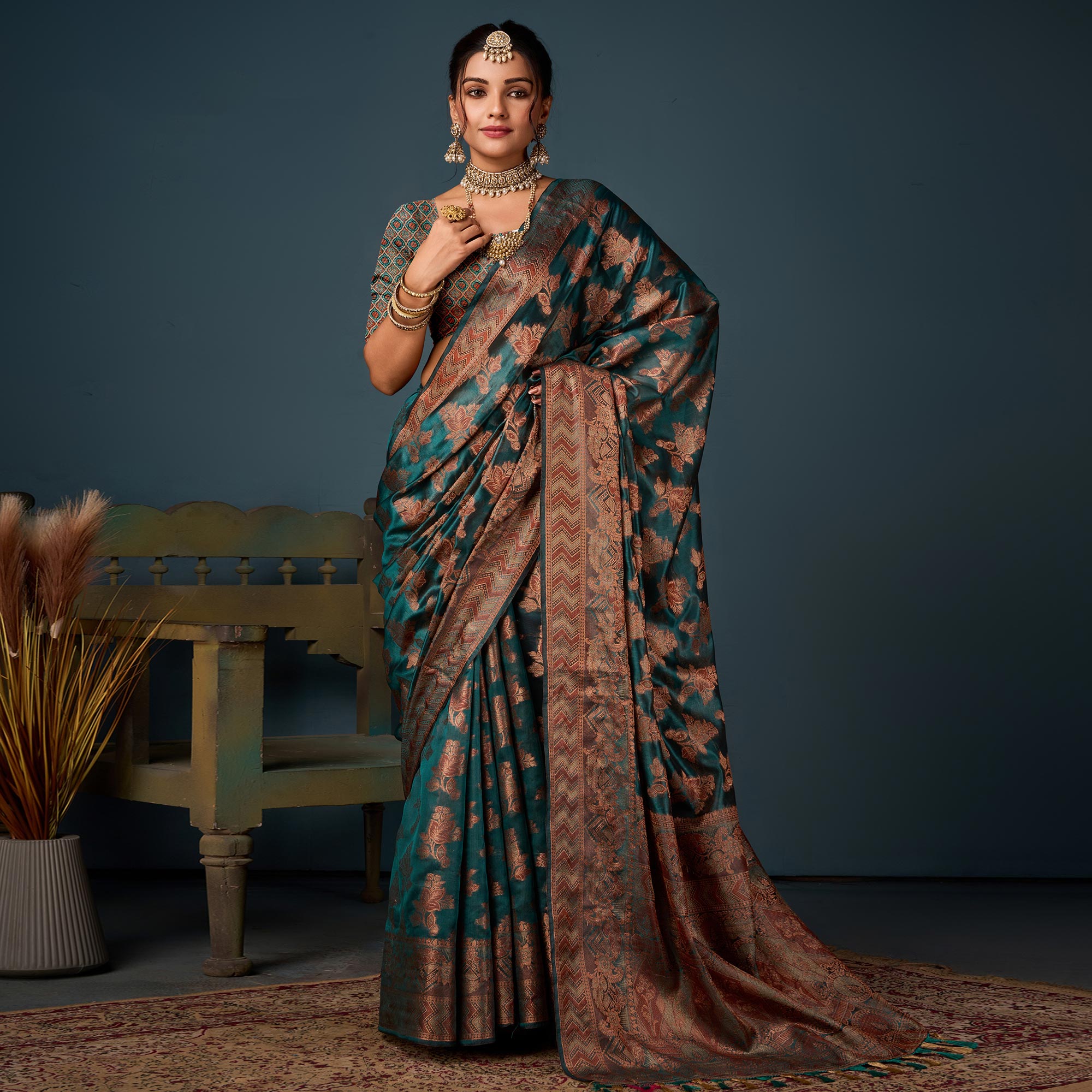 Rama Green Floral Woven Organza Saree With Tassels