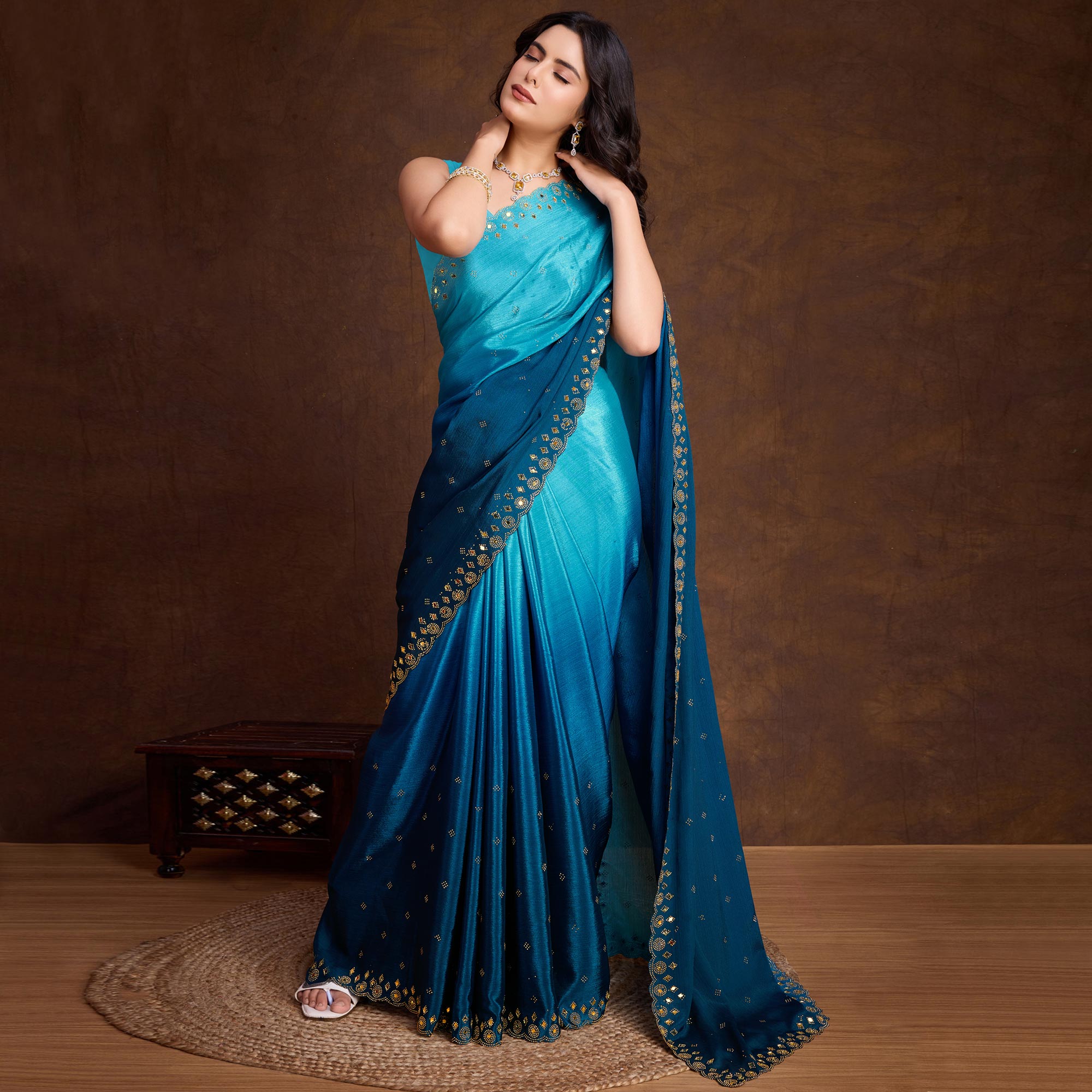 Blue Ombre Chinon Saree With Mirror Border