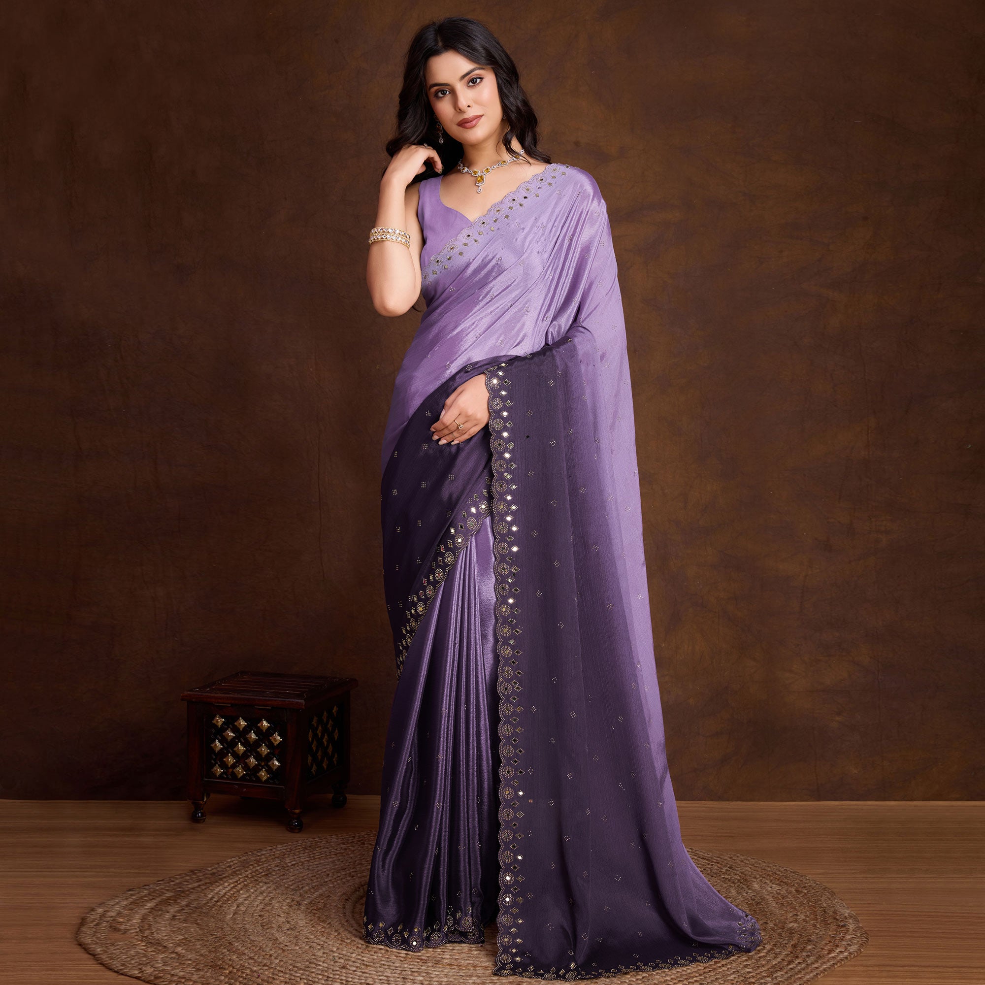 Lavender Ombre Chinon Saree With Mirror Border