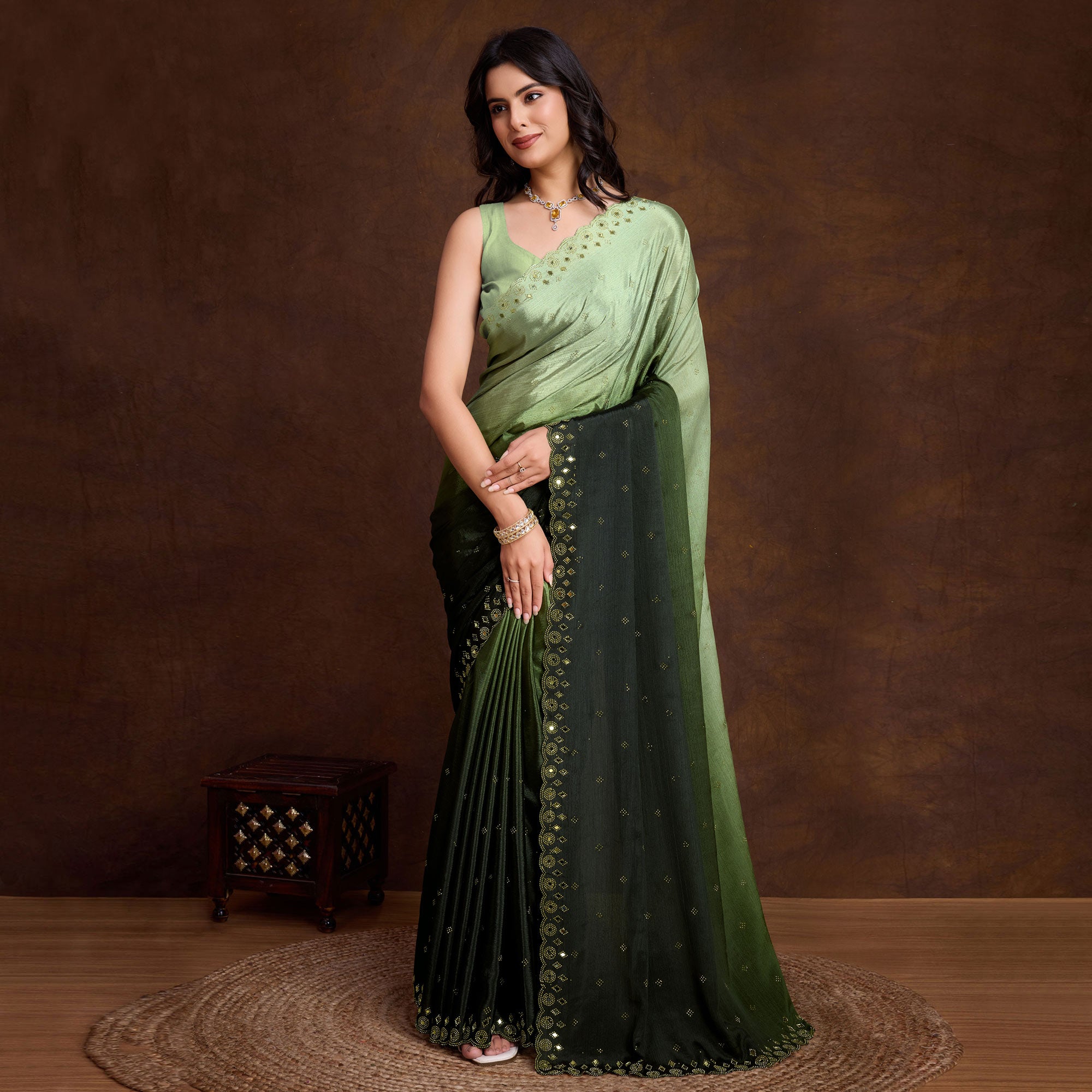 Green Ombre Chinon Saree With Mirror Border