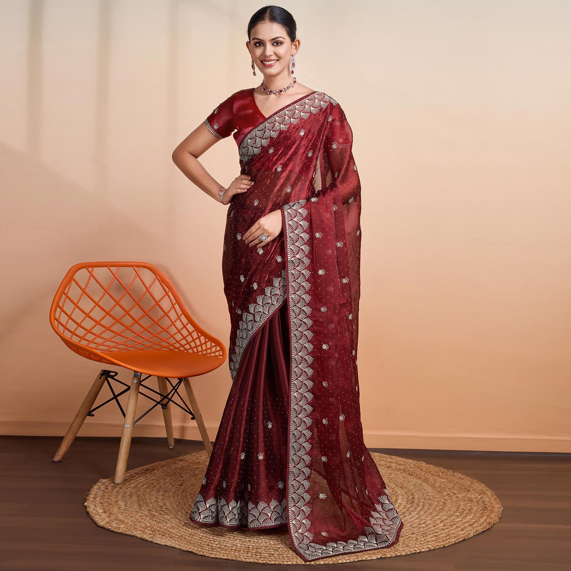 Wine Embroidered Tussar Silk Saree