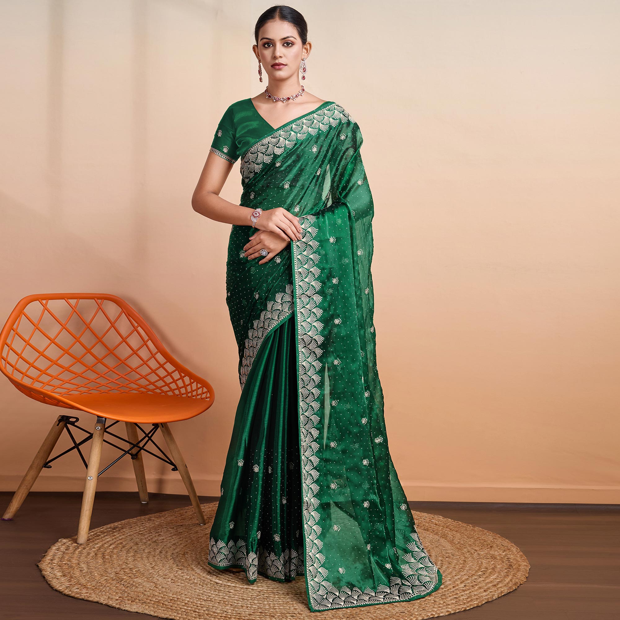 Green Embroidered Tussar Silk Saree - Image 2