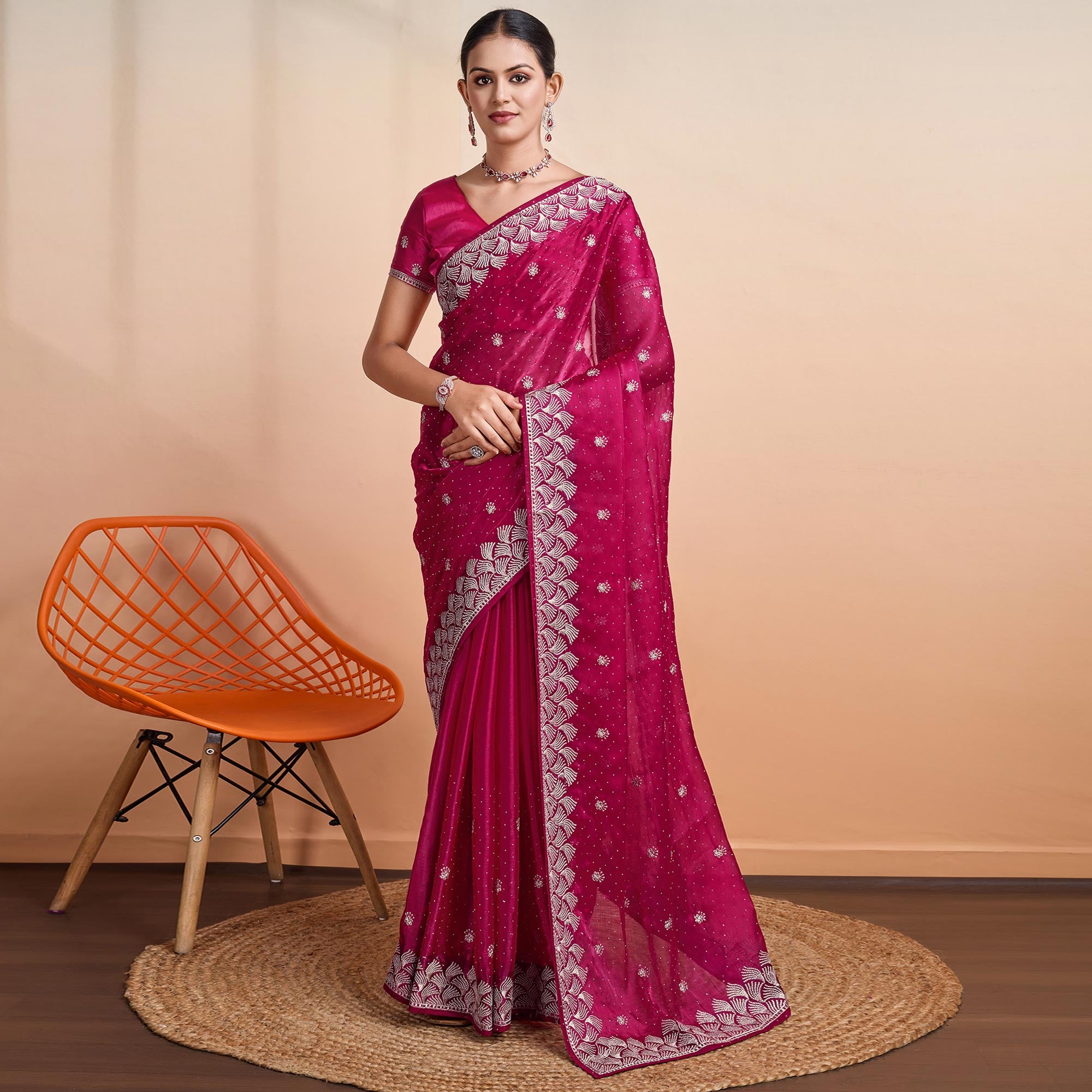 Pink Embroidered Tussar Silk Saree