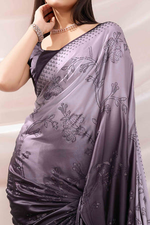 Purple Floral Swarovski Work Satin Saree