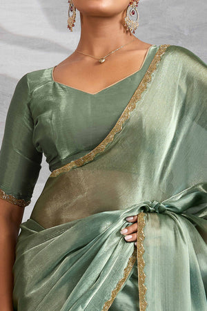Solid Sage Green Chiffon Saree Featuring Beads Embellished Border