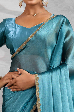 Solid Teal Chiffon Saree Featuring Beads Embellished Border