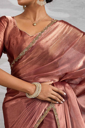 Solid Copper Red Chiffon Saree Featuring Beads Embellished Border