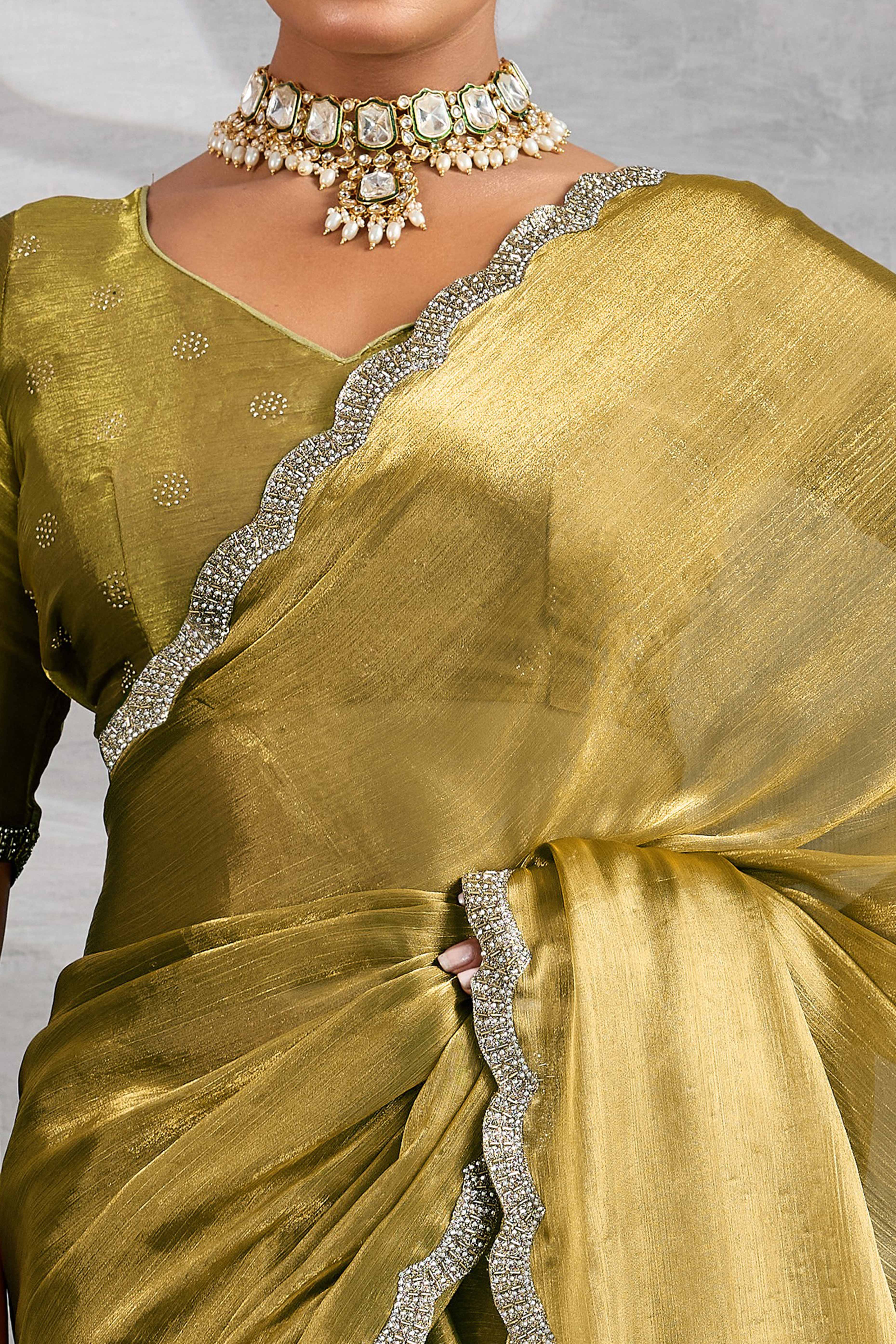 Gold Burberry Chiffon Saree Embellished With Zarkan & Cutdana Appliqué Lace Border