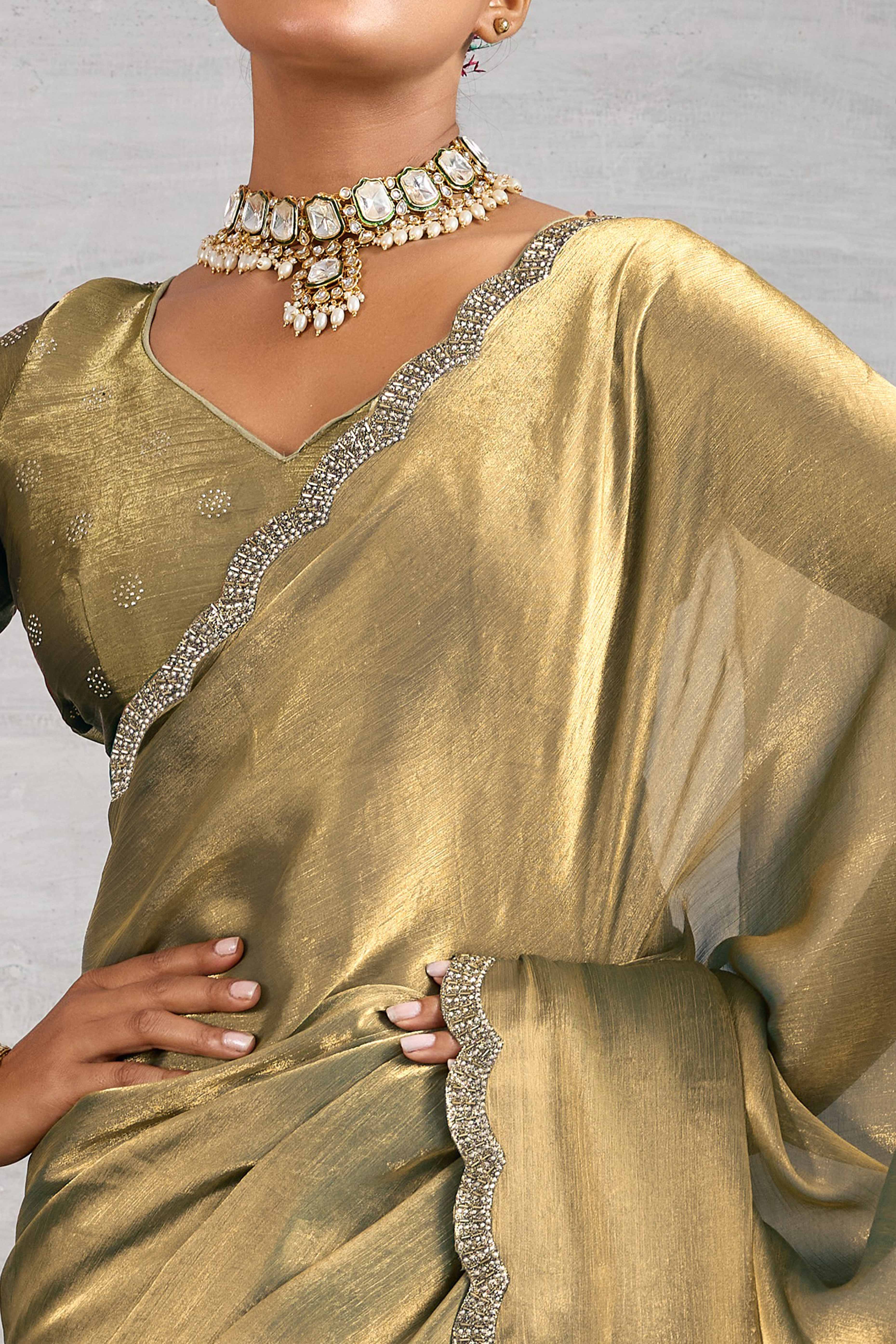 Grey Burberry Chiffon Saree Embellished With Zarkan & Cutdana Appliqué Lace Border