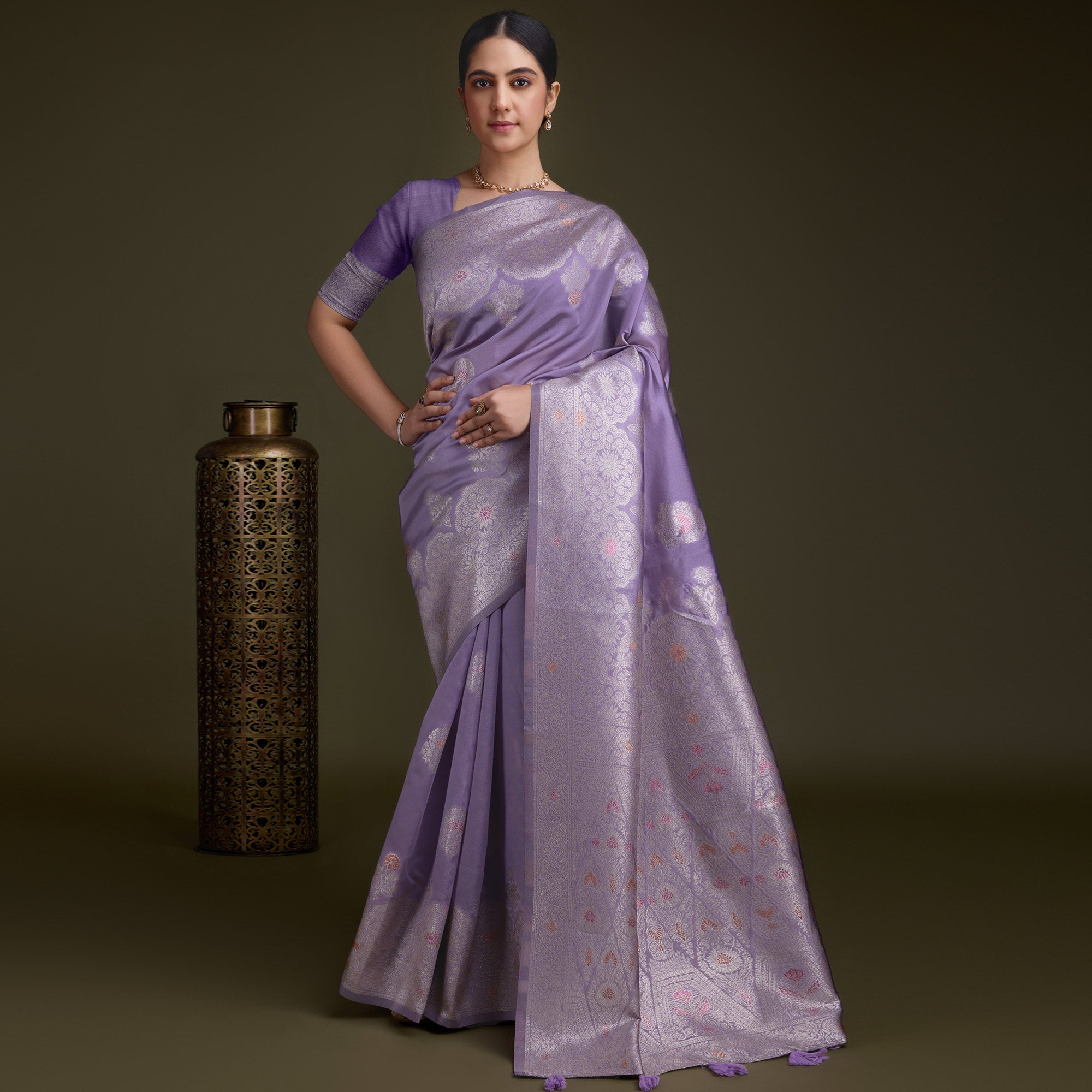 Lavender Floral Design Woven Banarasi Silk Saree