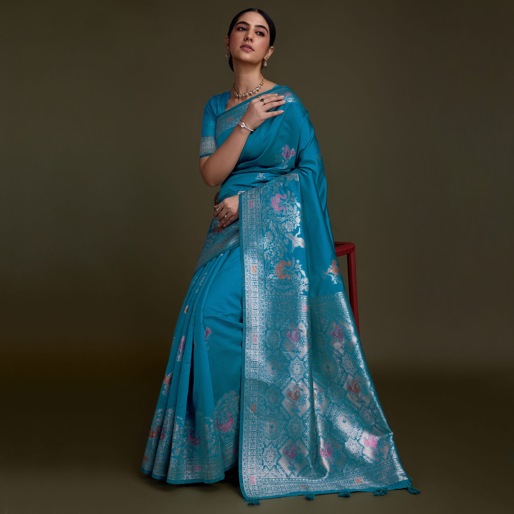 Blue Floral Design Woven Banarasi Silk Saree