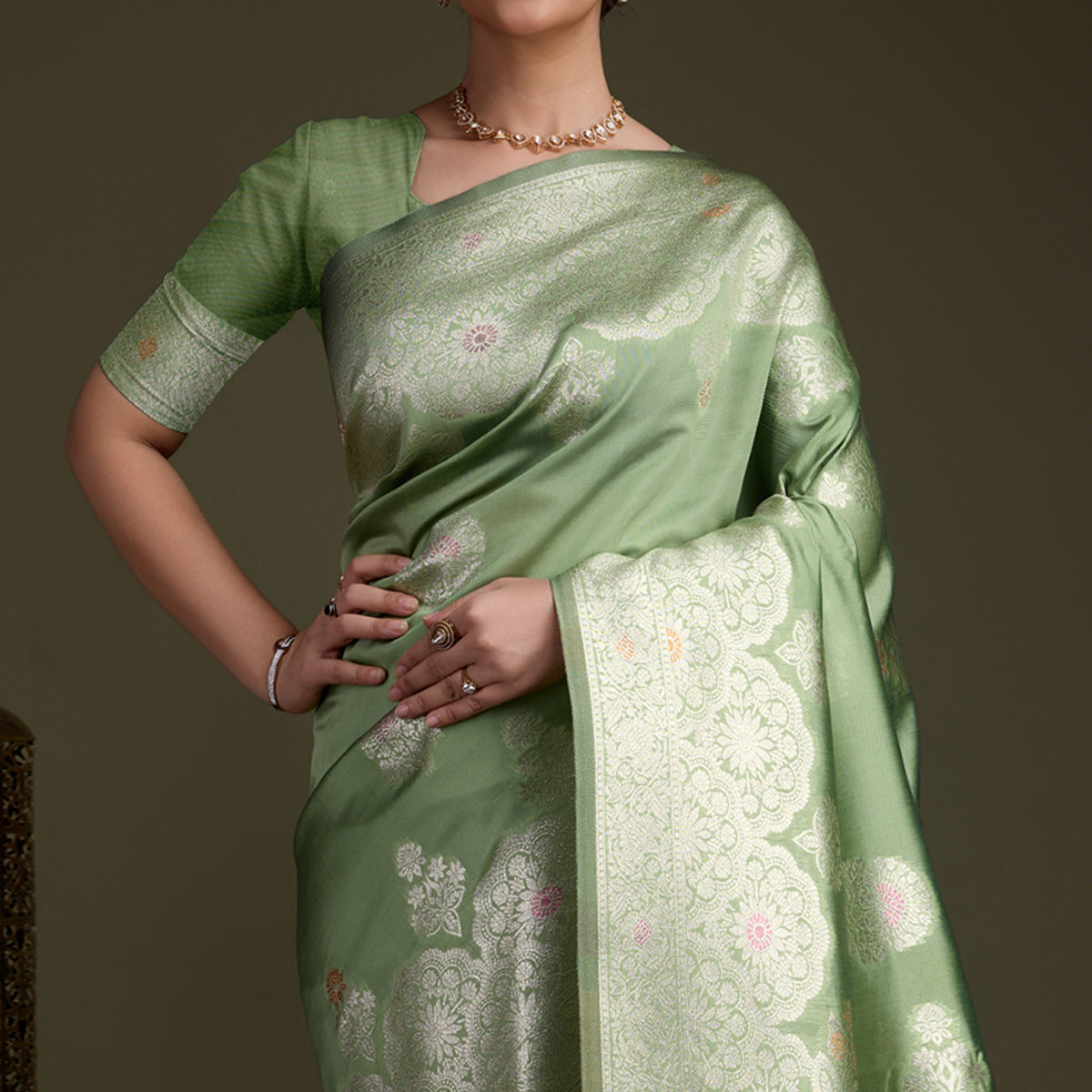 Dusty Green Floral Design Woven Banarasi Silk Saree