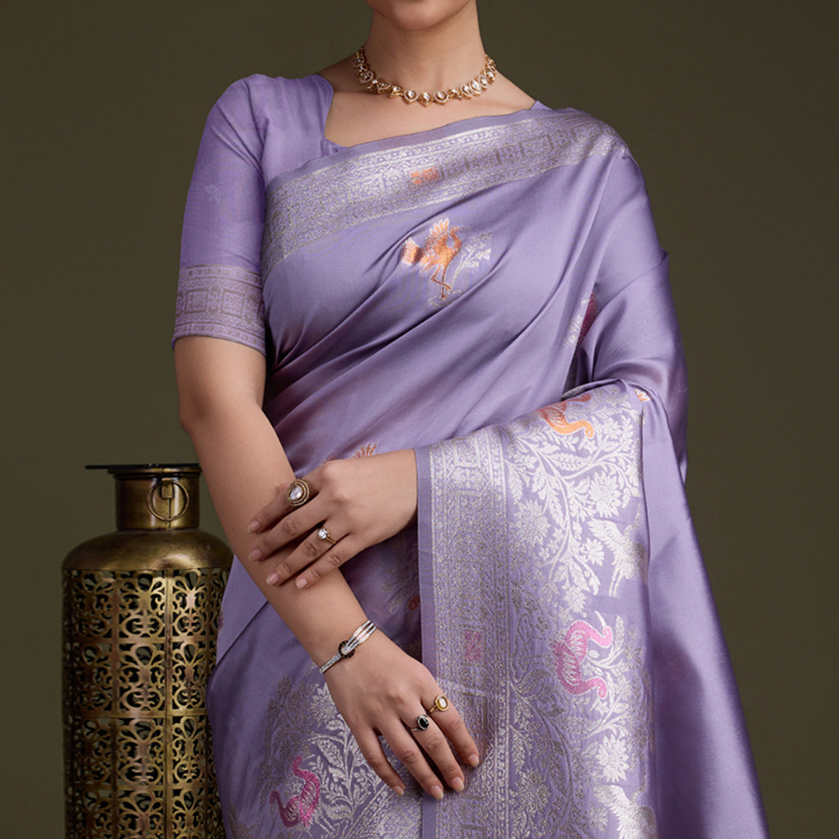 Light Purple Floral Design Woven Banarasi Silk Saree