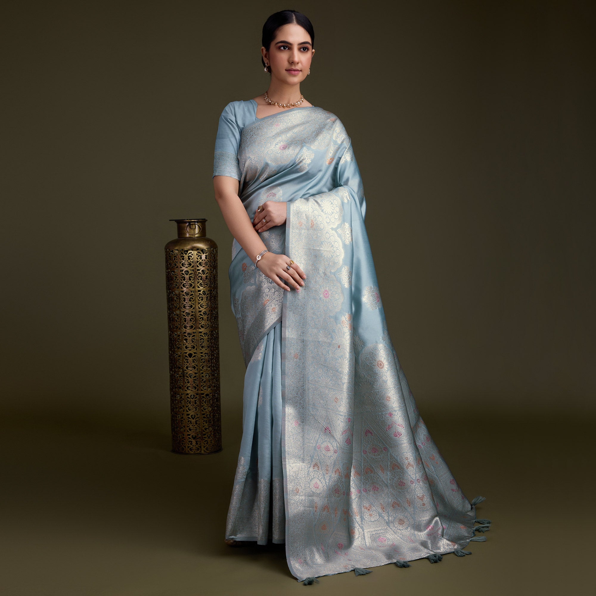 Bluish Grey Floral Design Woven Banarasi Silk Saree