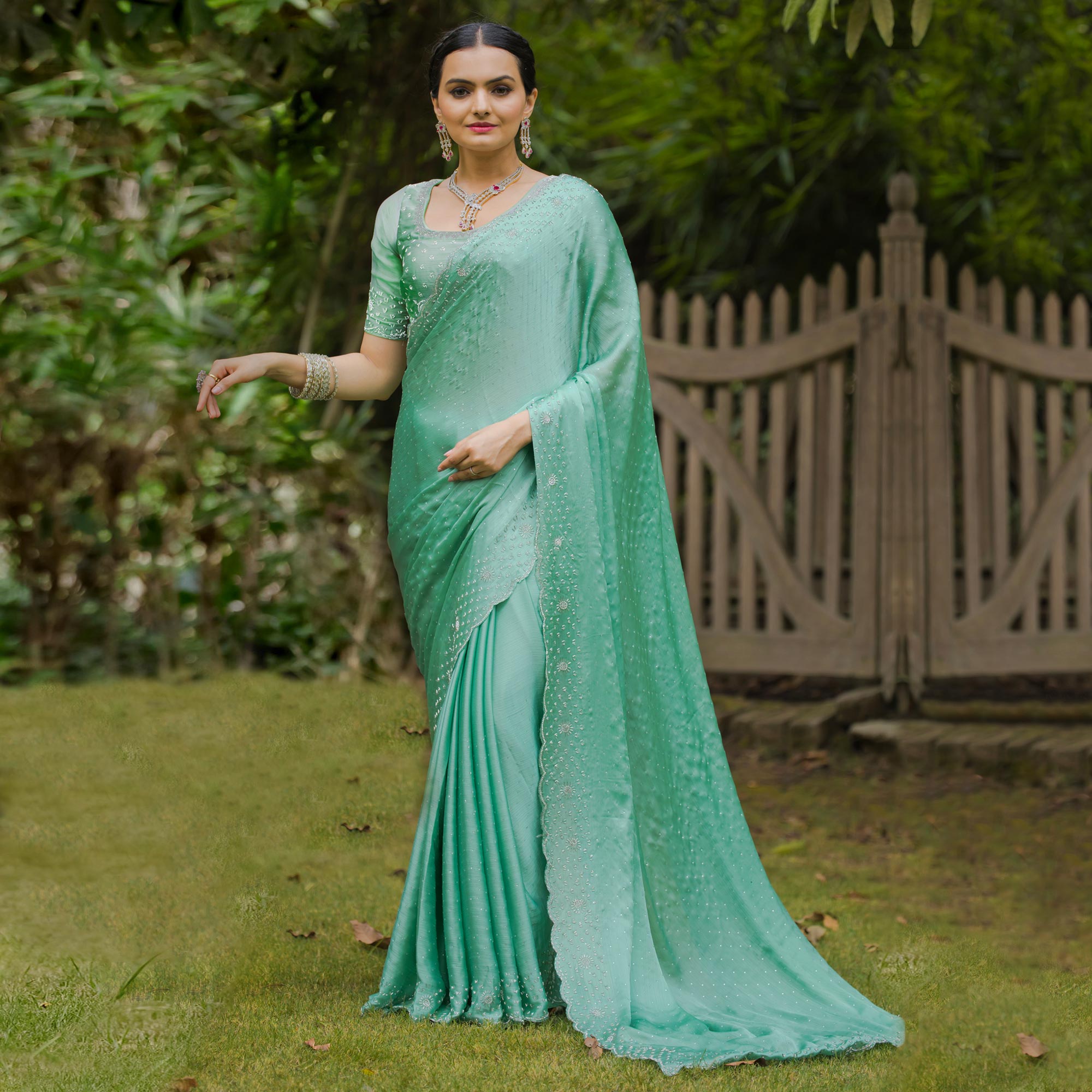 Rama Green Embellished Satin Saree With Stones Work