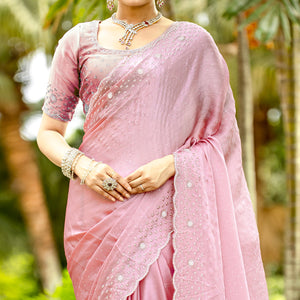 Dusty Pink Embellished Satin Saree With Stones Work