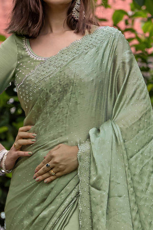 Ethereal Sage Green Satin Chiffon Saree with Handcrafted Sequin & Bead Detailing