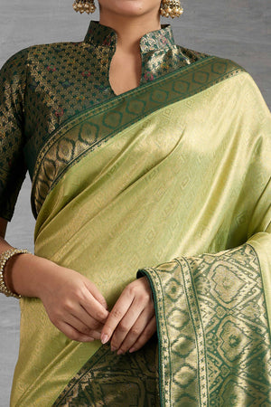 Olive Green Kanjivaram Silk Saree With Traditional Kadiyal Style Zari Weaving &  Meenakari Pallu