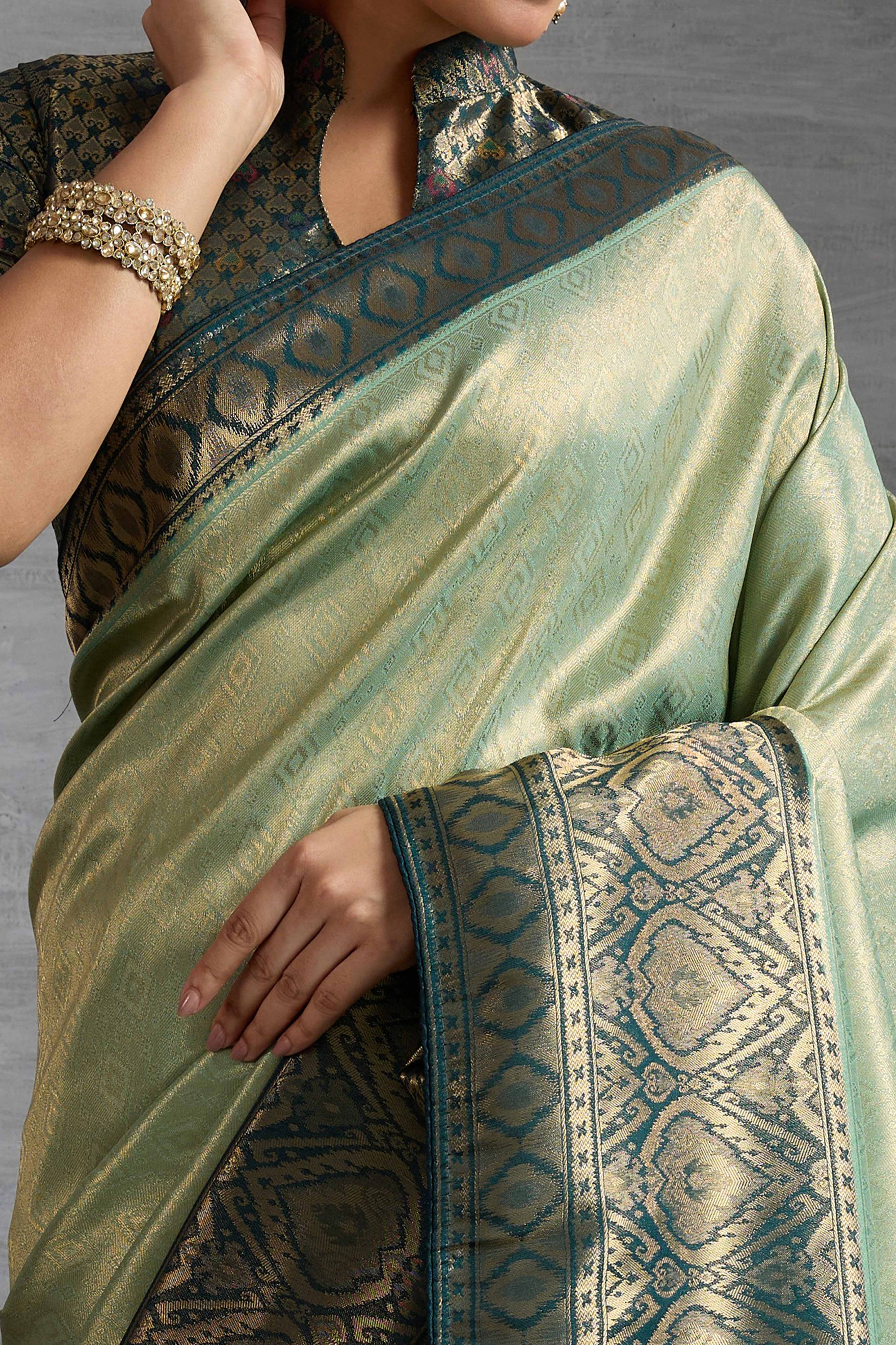 Mint Green Kanjivaram Silk Saree With Traditional Kadiyal Style Zari Weaving &  Meenakari Pallu