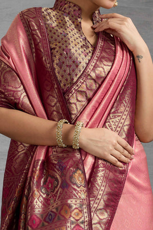 Pink Kanjivaram Silk Saree With Traditional Kadiyal Style Zari Weaving &  Meenakari Pallu