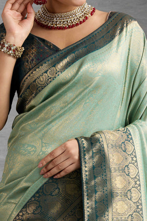 Mint Green Kanjivaram Silk Saree In Kadiyal Style Zari Weaving With Ornate Meenakari Pallu