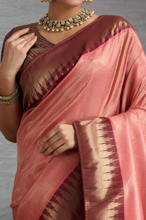 Peach Silk Kanjivaram Saree Enhanced With Kadiyal Weaving Borders