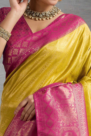 Traditional Mustard Kanjivaram Soft Silk Saree with Bold Kadiyal Weave