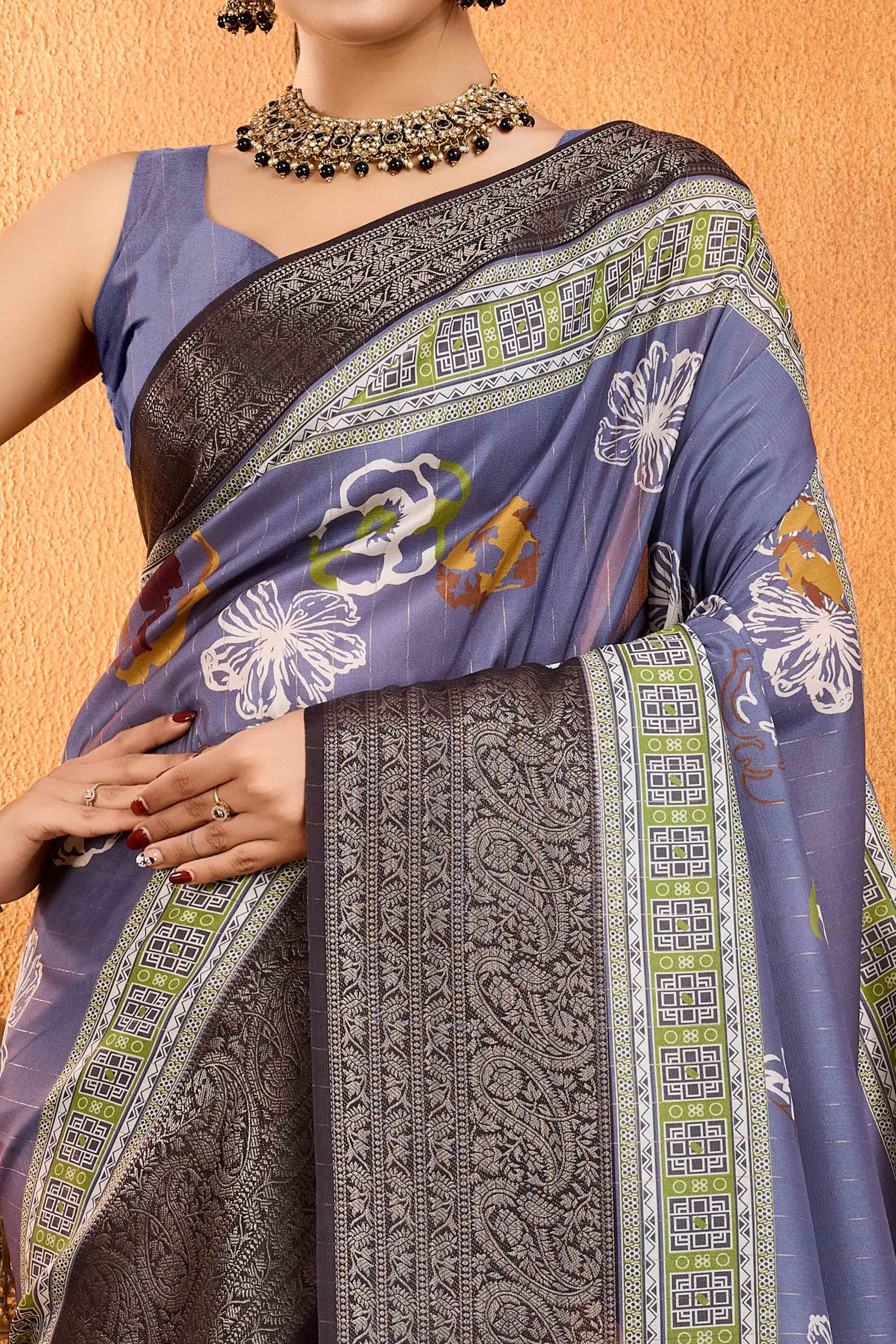 Lavender Floral Printed Crepe Saree With Rich Zari Border