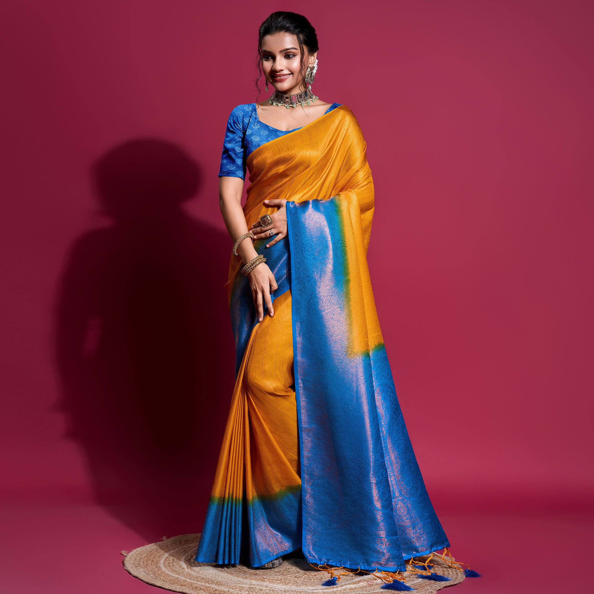 Yellow & Blue Woven Kanjivaram Silk Saree With Tassels