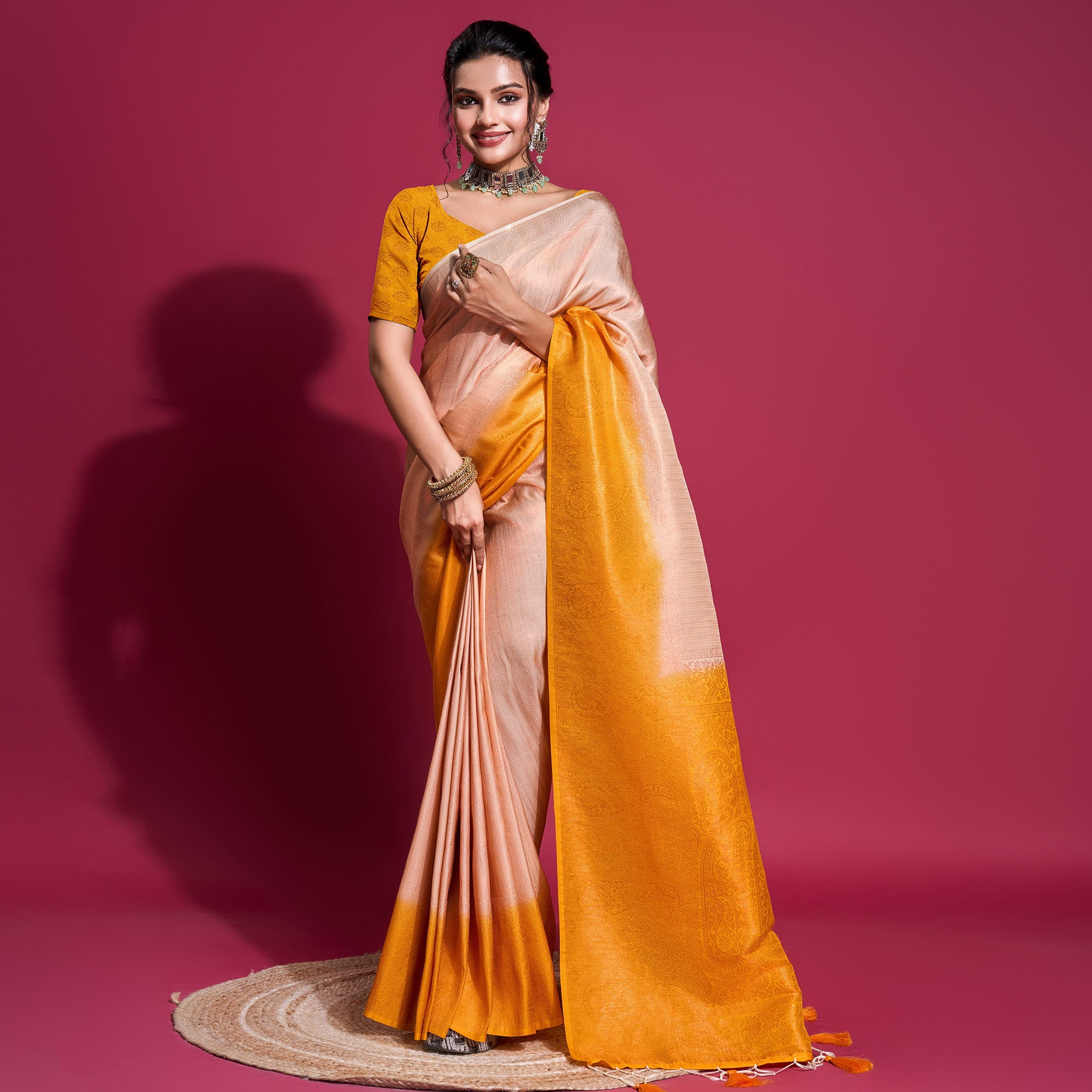 Peach & Yellow Woven Kanjivaram Silk Saree With Tassels