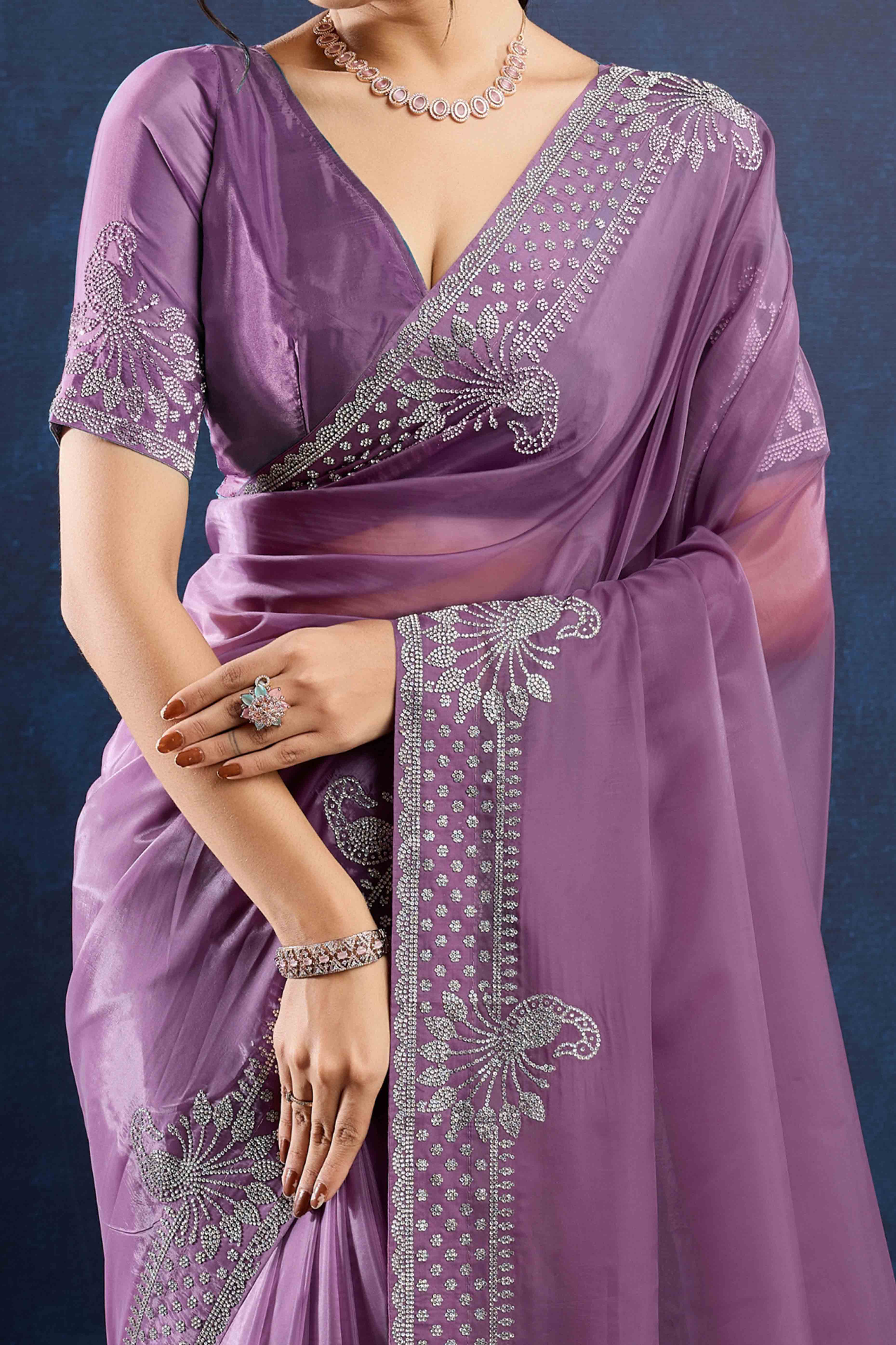 Lavender Zarkan Diamond Work Tissue Silk Saree