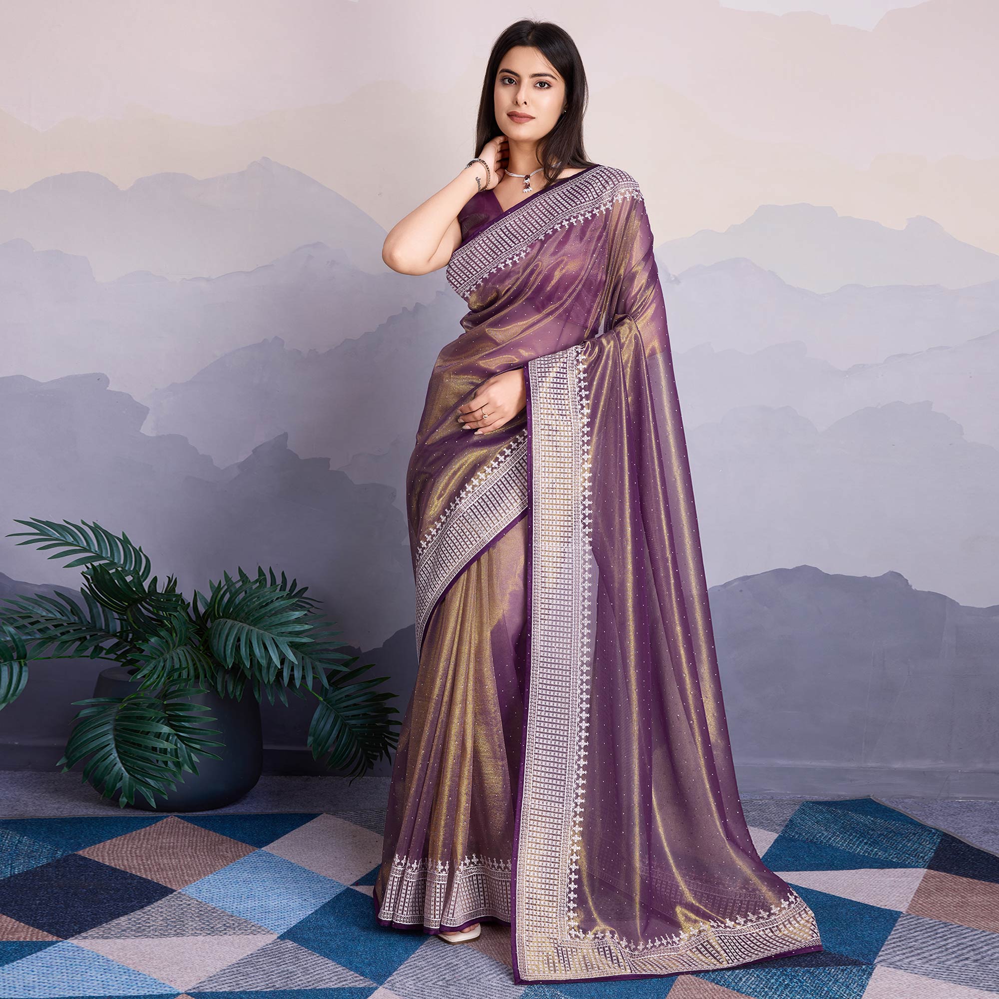 Purple Swarovski Work Embroidered Net Saree