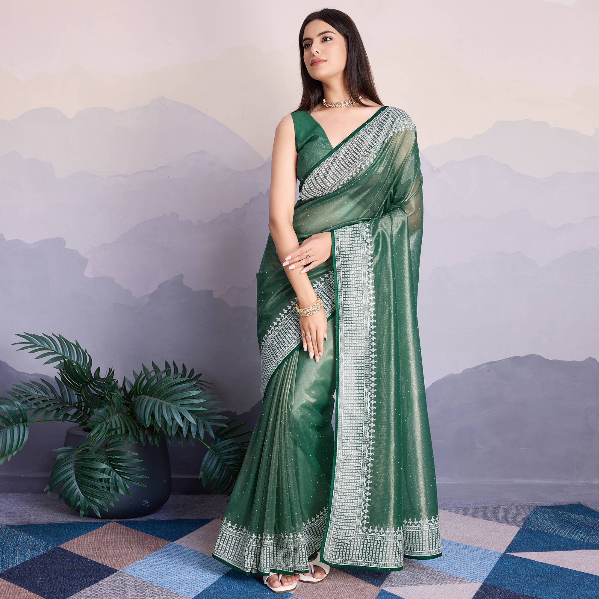 Green Swarovski Work Embroidered Net Saree