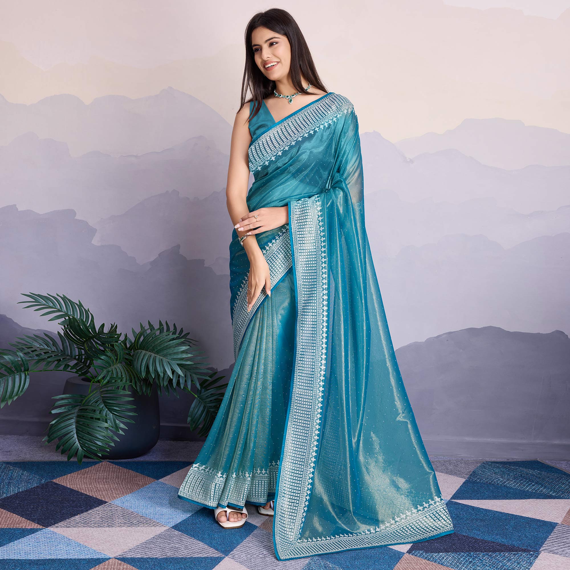 Blue Swarovski Work Embroidered Net Saree