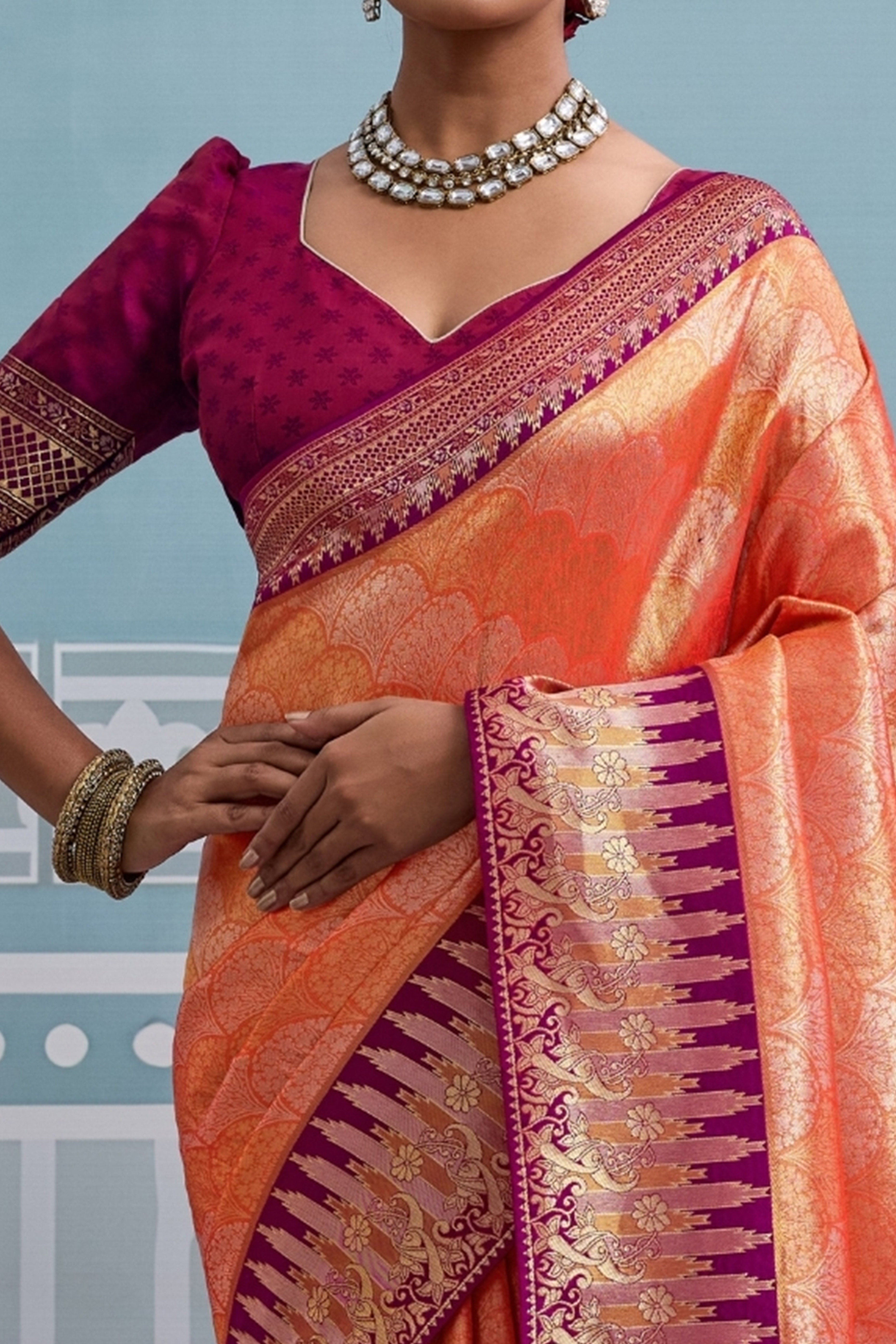 Orange Soft Kanjivaram Silk Saree with Classic Zari Weaving for Elegant Styling