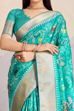 Turquoise Digital Printed Dola Silk Saree With Exquisite Weaving Zari Border & Opulent Pallu