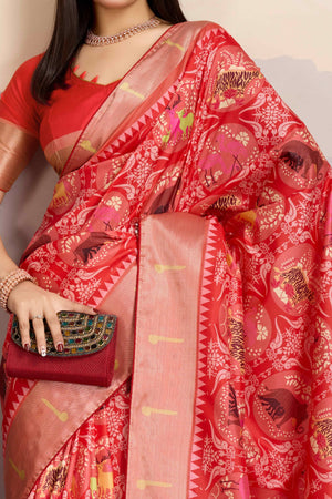 Red Digital Printed Dola Silk Saree With Exquisite Weaving Zari Border & Opulent Pallu