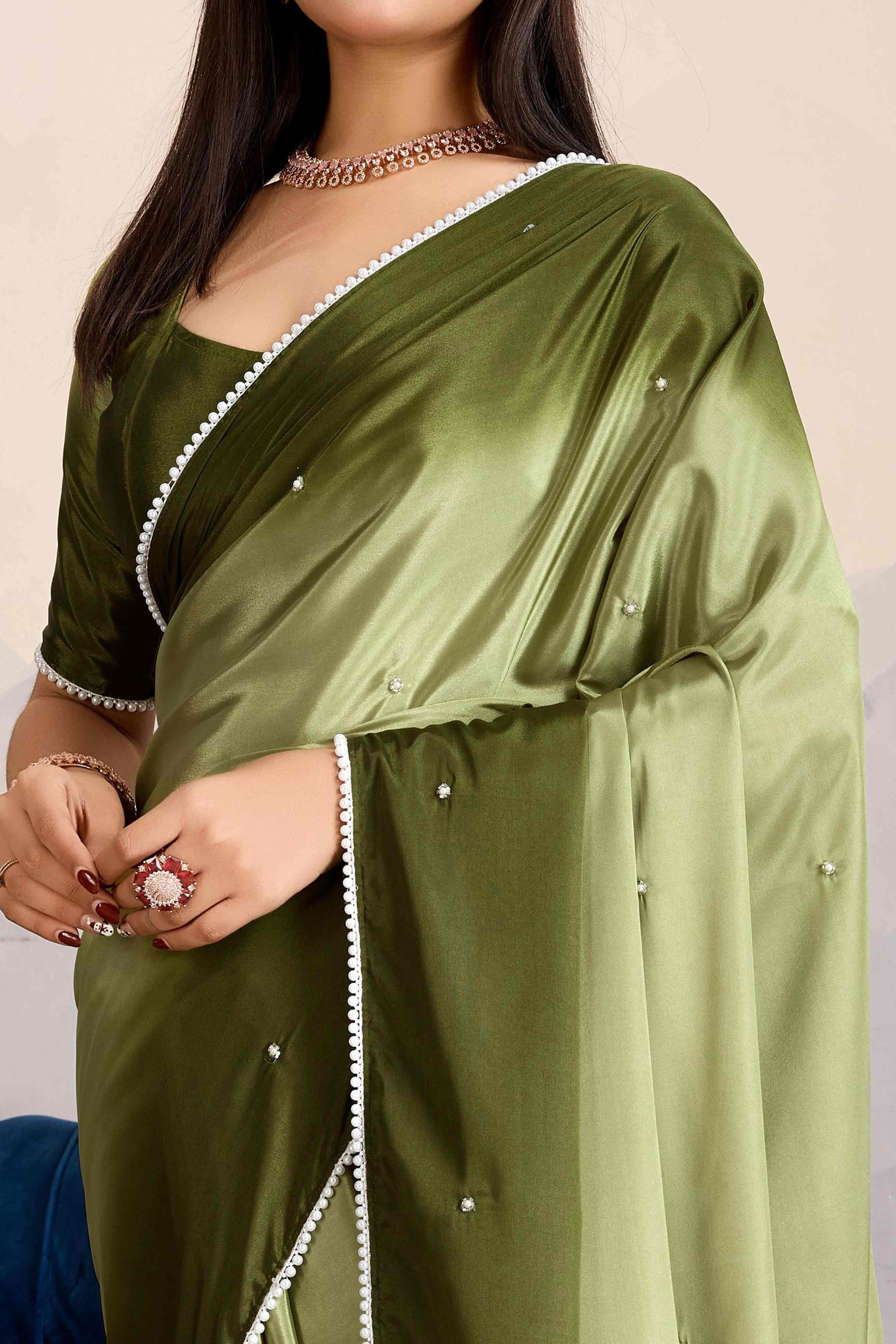 Green Ombre Satin Saree with Delicate Bead Embellishments
