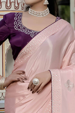 Pink Chinon Saree Adorned With Scattered Buttas & Intricate Beads & Zarkan Handwork