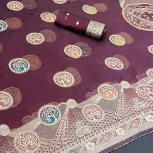 Charming Wine Zari Woven Floral Organza Saree Accented With Digital Printed Pallu & Latkan